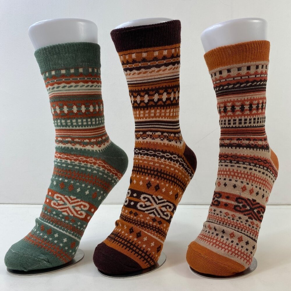 Womens Crew Socks Set 3 Fair Isle Boho Pattern Green Orange Beige Brown